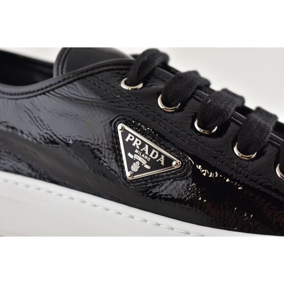 Prada Smash Naplak Black White Patent Logo Flat Low Top Trainer Sneaker 39.5 - Picture 6 of 16